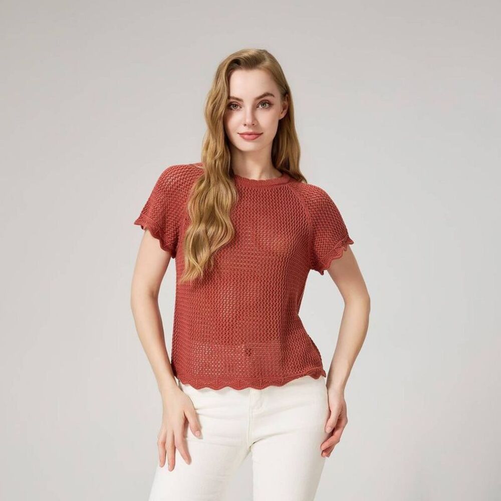 Women's Short Sleeve Texture Stitch Crewneck Sweater - Universal Thread Rust XS